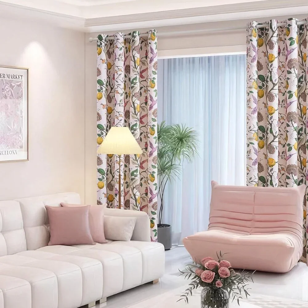 Floral Lemon Hummingbird Curtains Patterned Waverly Mid-Century Style